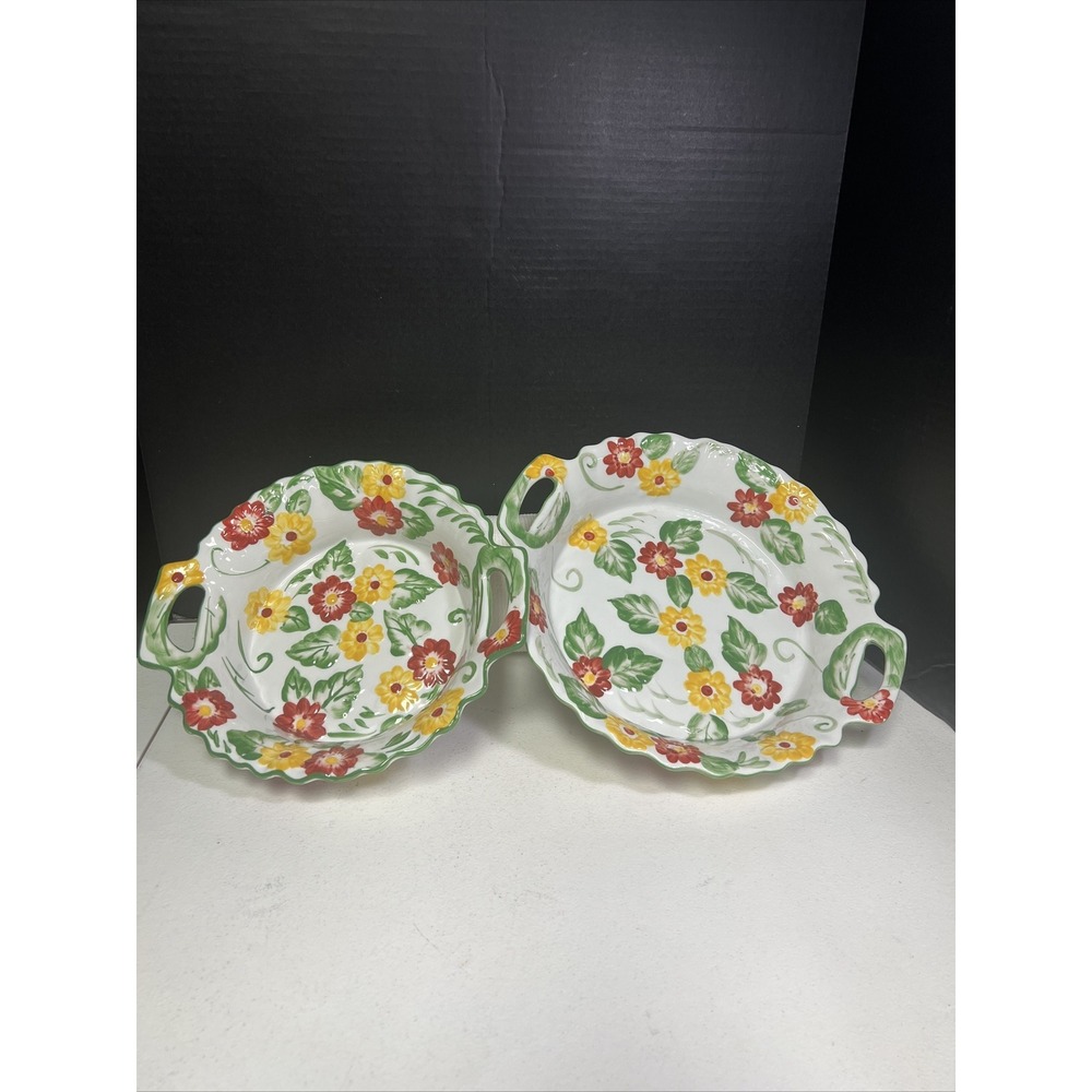 Set Of 2 TEMP-TATIONS By Tara Casserole Baking Dishes Red‎ Yellow Floral